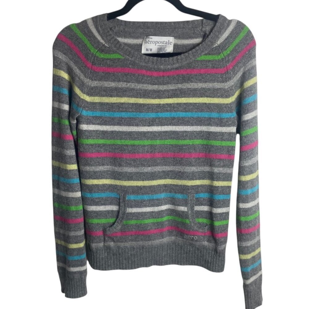 Aeropostale Y2K Size M Rabbit Hair Colorful Striped Sweater Preppy Knit Vintage